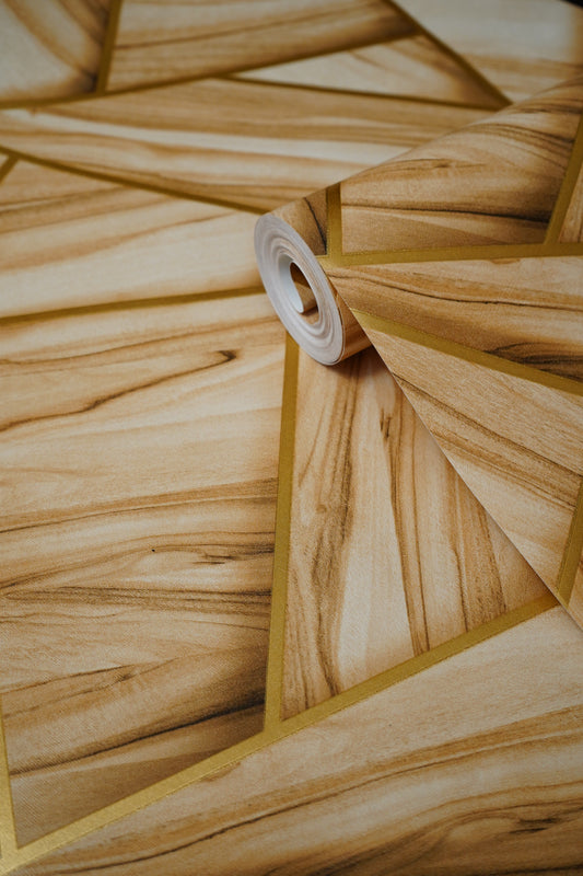 Light Wooden Abstract Design with Golden pattern Wallpapers 3D  Design Not Self Adhesive 53 Cm X 1000 Cm for PVC Vinyl Coated for Wall Bedroom Living Room Latest Stylish for Home Decoration (Light Brown & Golden  , 57 Sqft Roll) (NW-04)