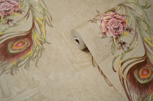 Light Brown with Multicolor Feather on it  Not Self Adhesive 53 Cm X 1000 Cm for PVC Vinyl Coated for  Wall Bedroom Living Room Latest Stylish for Home Decoration (Multicolor, 57 Sqft Roll) (NW-12)