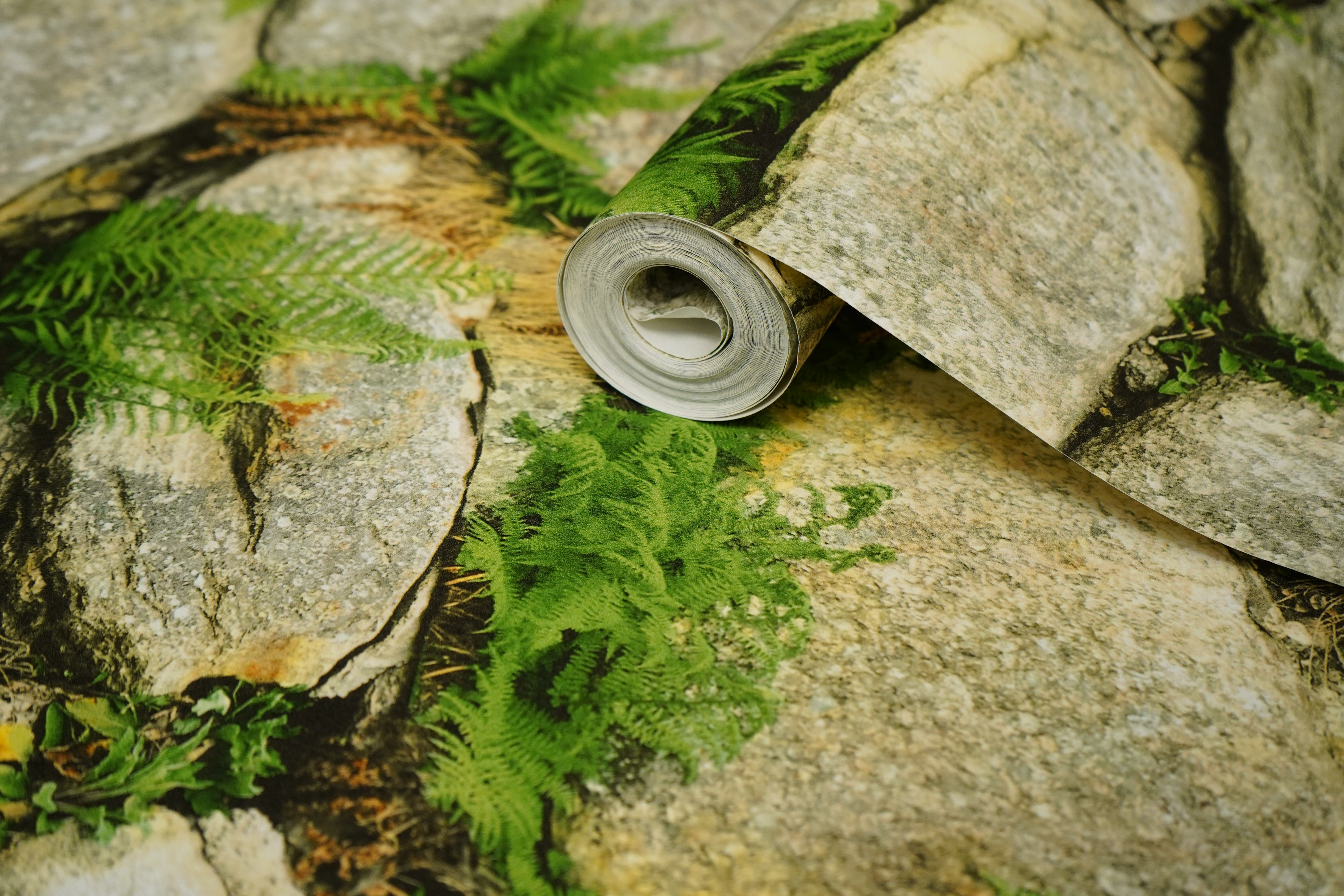 Natural Stone with Grass Wallpapers 3D  Design Not Self Adhesive 53 Cm X 1000 Cm for PVC Vinyl Coated for  Wall Bedroom Living Room Latest Stylish for Home Decoration (Grey & Green, 57 Sqft Roll) (NW-01)