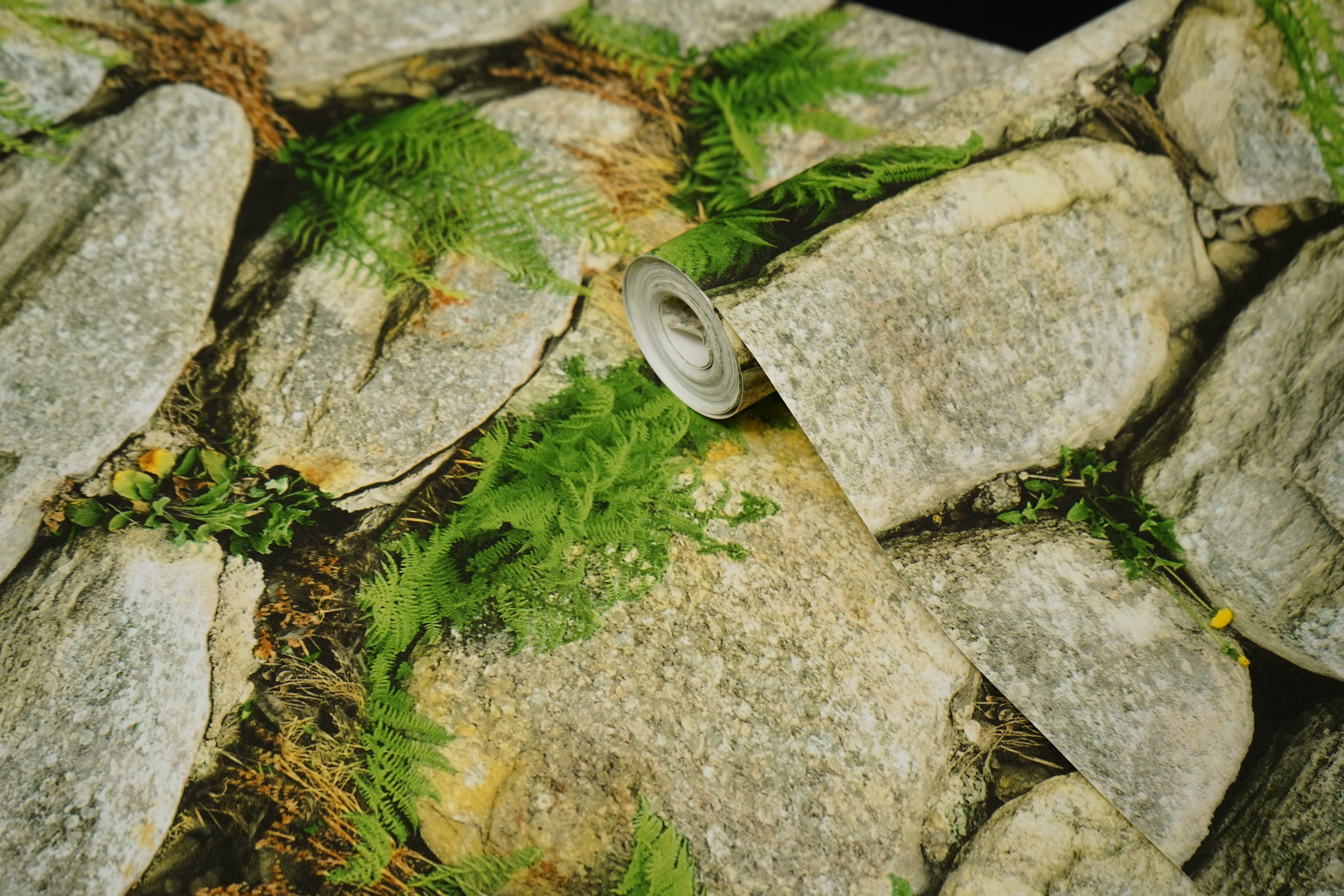 Natural Stone with Grass Wallpapers 3D  Design Not Self Adhesive 53 Cm X 1000 Cm for PVC Vinyl Coated for  Wall Bedroom Living Room Latest Stylish for Home Decoration (Grey & Green, 57 Sqft Roll) (NW-01)