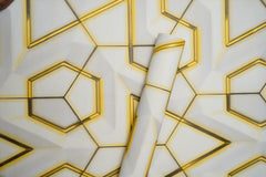 White 3d Geometric Design  with Golden Stripes  Design Not Self Adhesive 53 Cm X 1000 Cm for PVC Vinyl Coated for Wall Bedroom Living Room Latest Stylish for Home Decoration (White & Golden , 57 Sqft Roll) (NW-29)