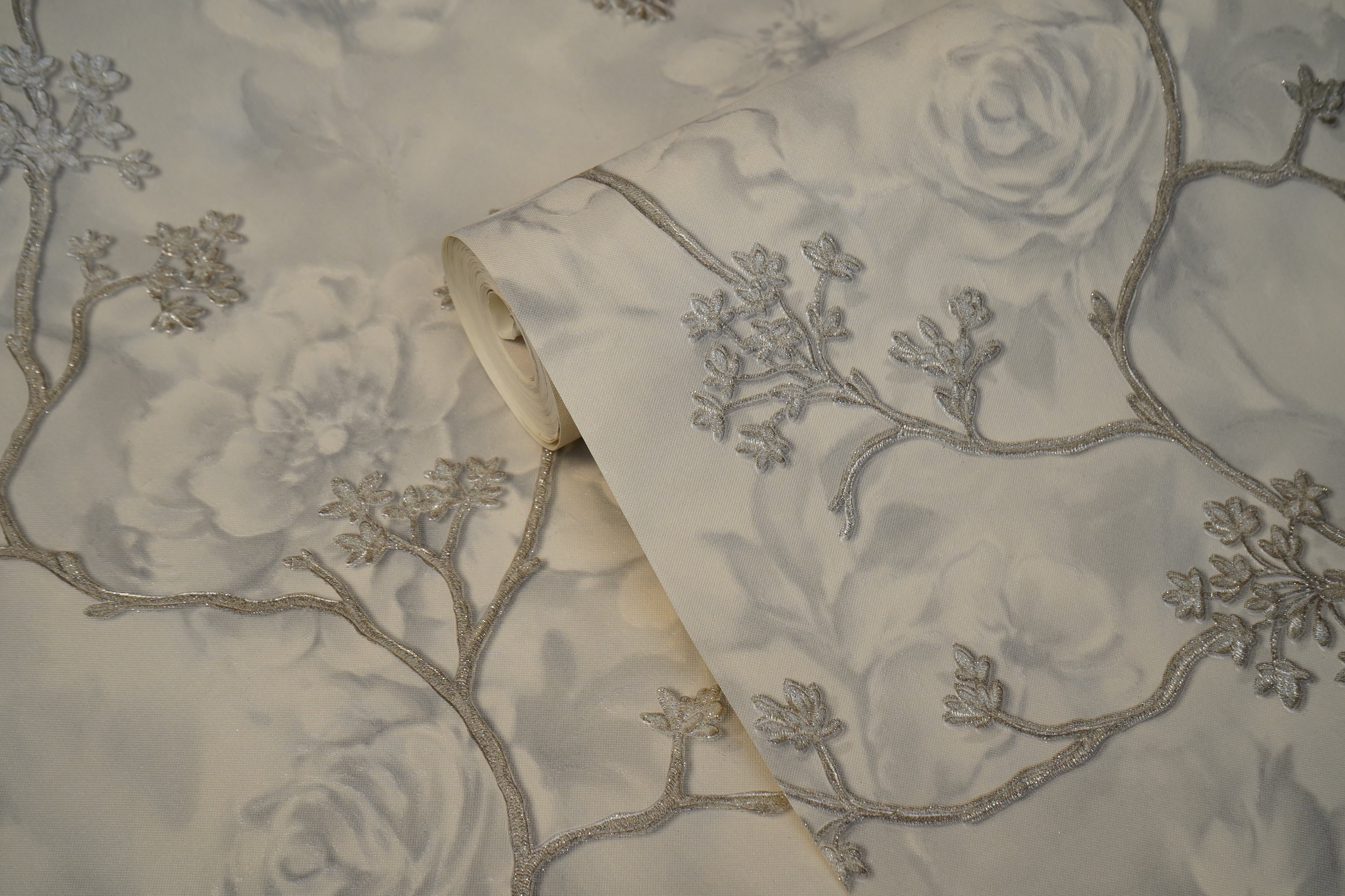 White Damask Design  with Silver Floral Design Not Self Adhesive 53 Cm X 1000 Cm for PVC Vinyl Coated for  Wall Bedroom Living Room Latest Stylish for Home Decoration (White & Silver , 57 Sqft Roll) (NW-36)