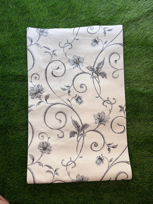 Off White  Floral  Pattern with Grey leaf pattern  Not Self Adhesive 53 Cm X 1000 Cm for PVC Vinyl Coated for Wall Bedroom Living Room Latest Stylish for Home Decoration ( 57 Sqft Roll) (AW-11)