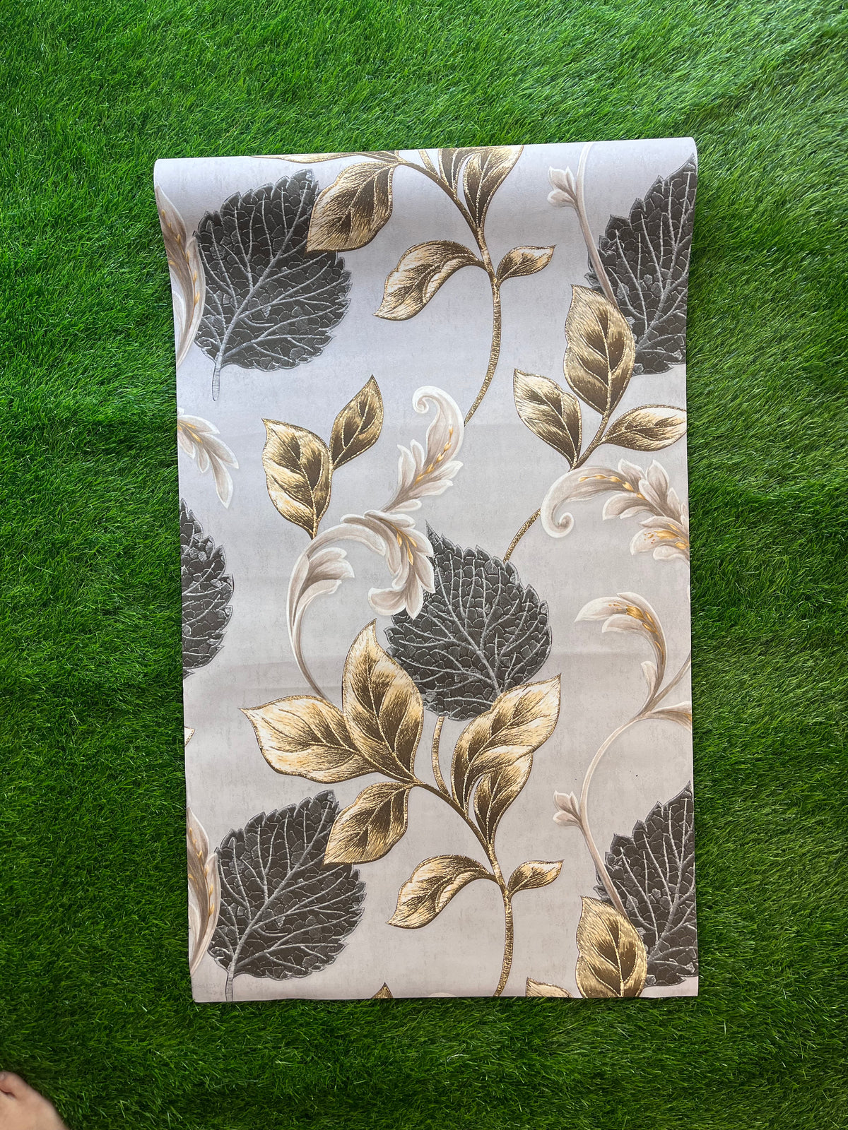 Grey Floral Design with golden and black leaf  Pattern Design with golden leaf  Design  Not Self Adhesive 53 Cm X 1000 Cm for PVC Vinyl Coated for Wall Bedroom Living Room Latest Stylish for Home Decoration ( 57 Sqft Roll) (AW-20)