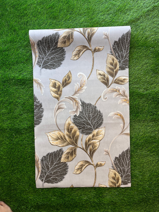 Grey Floral Design with golden and black leaf  Pattern Design with golden leaf  Design  Not Self Adhesive 53 Cm X 1000 Cm for PVC Vinyl Coated for Wall Bedroom Living Room Latest Stylish for Home Decoration ( 57 Sqft Roll) (AW-20)