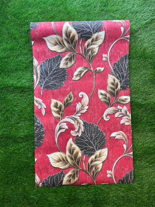 Red Floral Design with golden and black leaf  Pattern Design with golden leaf  Design  Not Self Adhesive 53 Cm X 1000 Cm for PVC Vinyl Coated for Wall Bedroom Living Room Latest Stylish for Home Decoration ( 57 Sqft Roll) (AW-23)