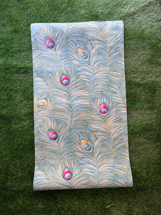 Green Feather  Design with Multicolor  Pattern Design with golden leaf  Design  Not Self Adhesive 53 Cm X 1000 Cm for PVC Vinyl Coated for Wall Bedroom Living Room Latest Stylish for Home Decoration ( 57 Sqft Roll) (AW-25)