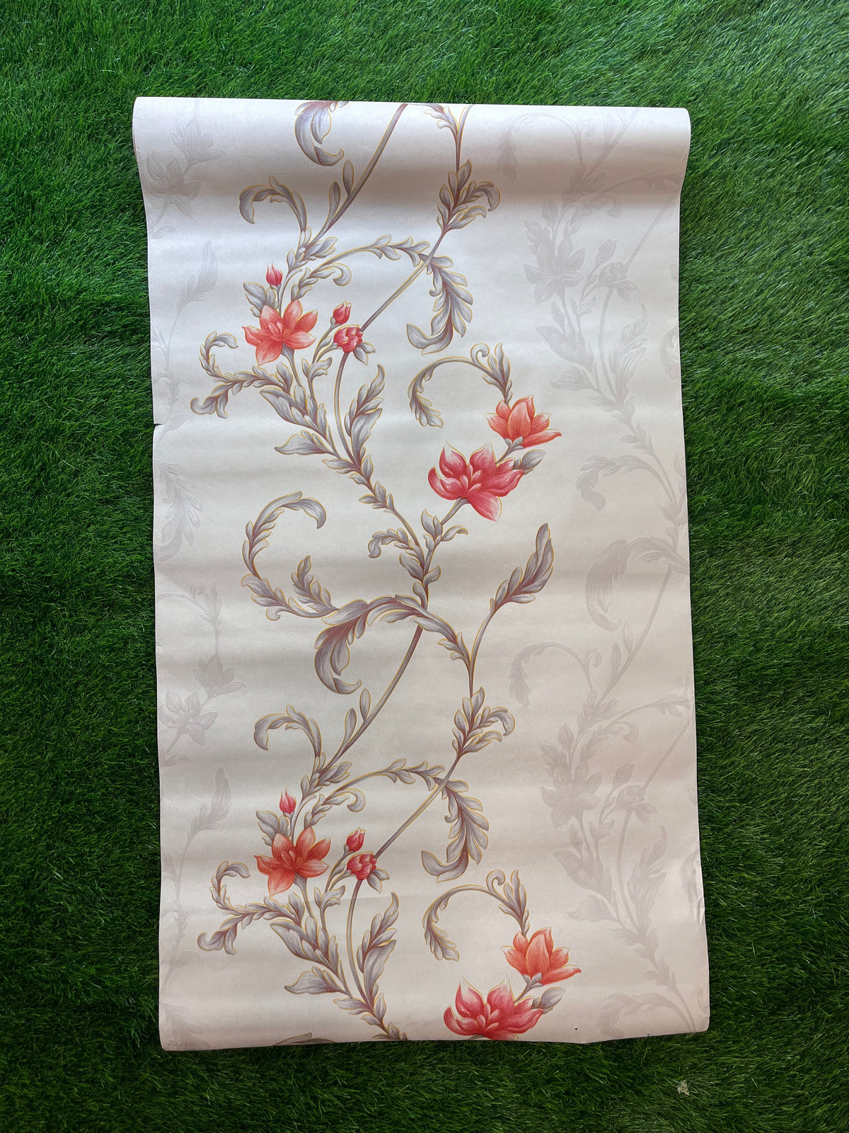 Cream Floral Design with Red & golden leaf  Pattern Design  Not Self Adhesive 53 Cm X 1000 Cm for PVC Vinyl Coated for Wall Bedroom Living Room Latest Stylish for Home Decoration ( 57 Sqft Roll) (AW-32)