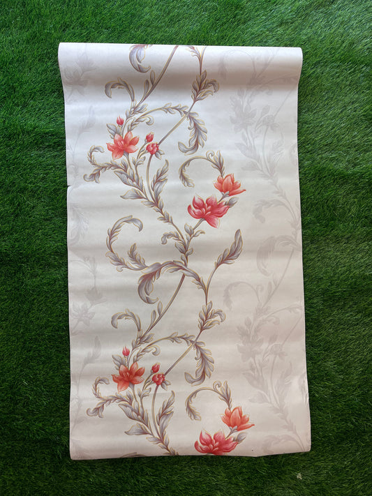 Cream Floral Design with Red & golden leaf  Pattern Design  Not Self Adhesive 53 Cm X 1000 Cm for PVC Vinyl Coated for Wall Bedroom Living Room Latest Stylish for Home Decoration ( 57 Sqft Roll) (AW-32)