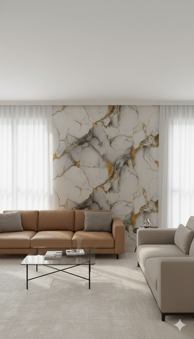 UV Coated White & gold Self Adhesive Real Marble finished Wallpaper Roll For Hall, Bedroom, Hotel And Cafe Décor | Washable and Waterproof Marble Wallpaper Roll( Length 110 INCH x Width 48  INCH)(MSR-102)