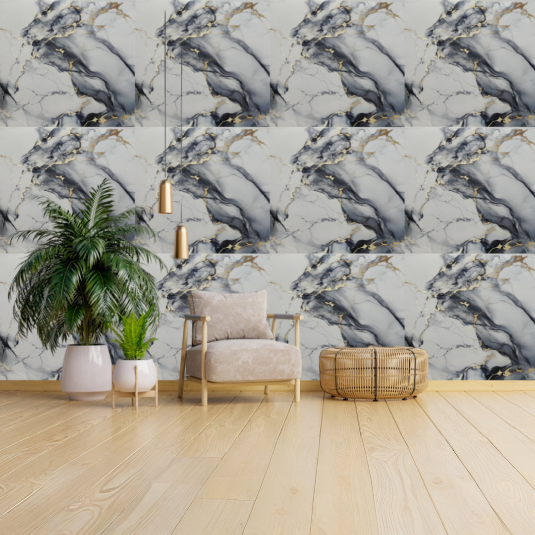 white with Gold & Gray Veining shaded UV Coated Real Marble Tile Designed wall Stickers, Self Adhesive And Washable Wall Stickers For Wall Decoration (60 CM x 60 CM) ( Set Of 05 )(MS-65)