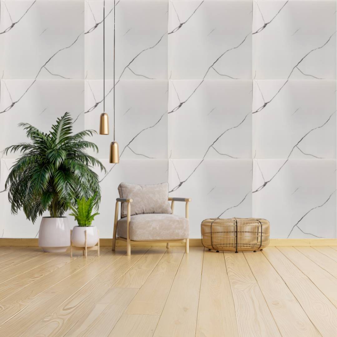 white & black line shaded UV Coated Real Marble Tile Designed wall Stickers, Self Adhesive And Washable Wall Stickers For Wall Decoration (60 CM x 60 CM) ( Set Of 05 )(MS-68)