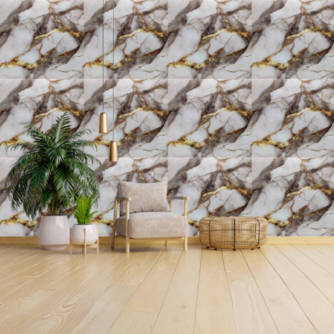 Purple & gold shaded UV Coated Real Marble Tile Designed wall Stickers, Self Adhesive And Washable Wall Stickers For Wall Decoration (60 CM x 60 CM) ( Set Of 05 )(MS-71)