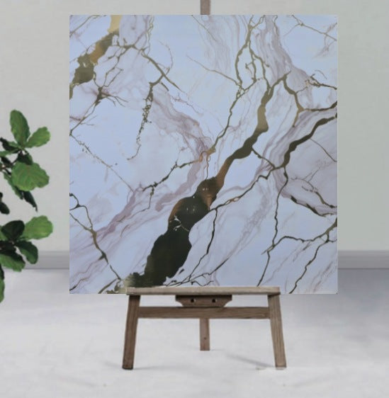 white &  gold UV Coated Real Marble Tile Designed wall Stickers, Self Adhesive And Washable Wall Stickers For Wall Decoration (60 CM x 60 CM) ( Set Of 05 )(MS-76)