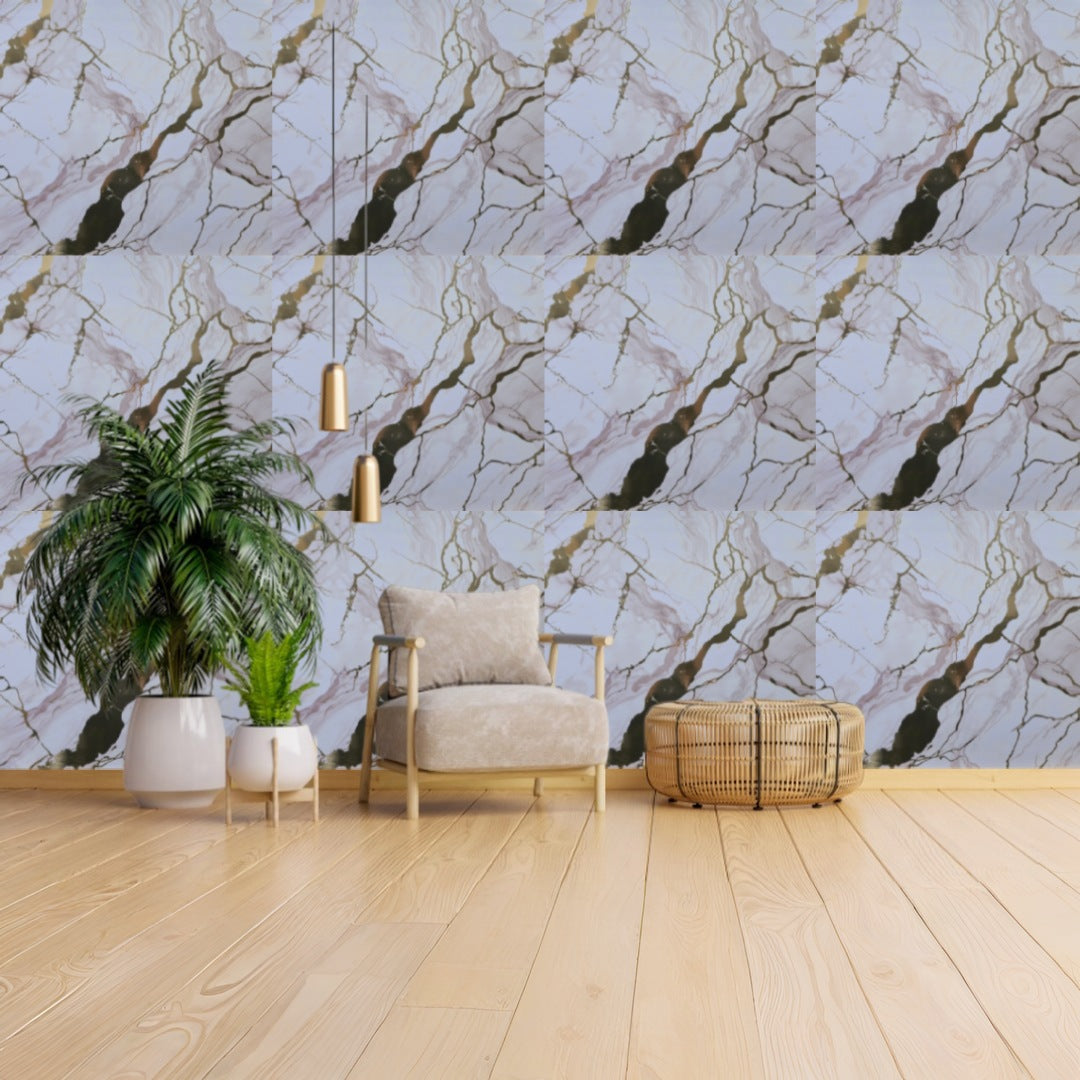 white &  gold UV Coated Real Marble Tile Designed wall Stickers, Self Adhesive And Washable Wall Stickers For Wall Decoration (60 CM x 60 CM) ( Set Of 05 )(MS-76)