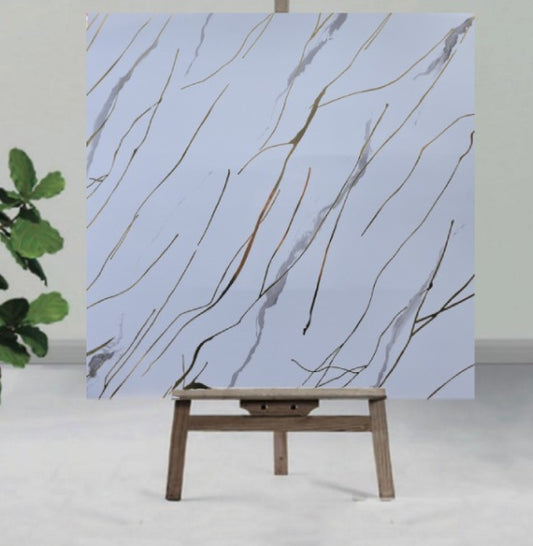 White & gold shaded UV Coated Real Marble Tile Designed wall Stickers, Self Adhesive And Washable Wall Stickers For Wall Decoration (60 CM x 60 CM) ( Set Of 05 )(MS-77)