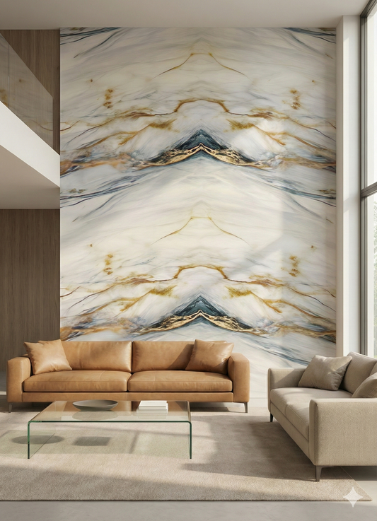 White & golden line  UV Coated  Self Adhesive Real Marble finished Wallpaper Roll For Hall, Bedroom, Hotel And Cafe Décor | Washable and Waterproof Marble Wallpaper Roll( Length 110 INCH x Width 48  INCH)(MSR-105)